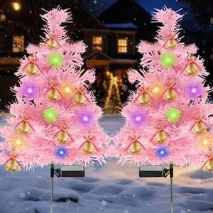 TONULAX Solar Christmas Tree Lights, Outdoor Christmas Decorations for Yard & Garden, Solar Powered Pink Color Christmas Tree Pathway Lights for Front Door & Lawn Decor (2 Pack)