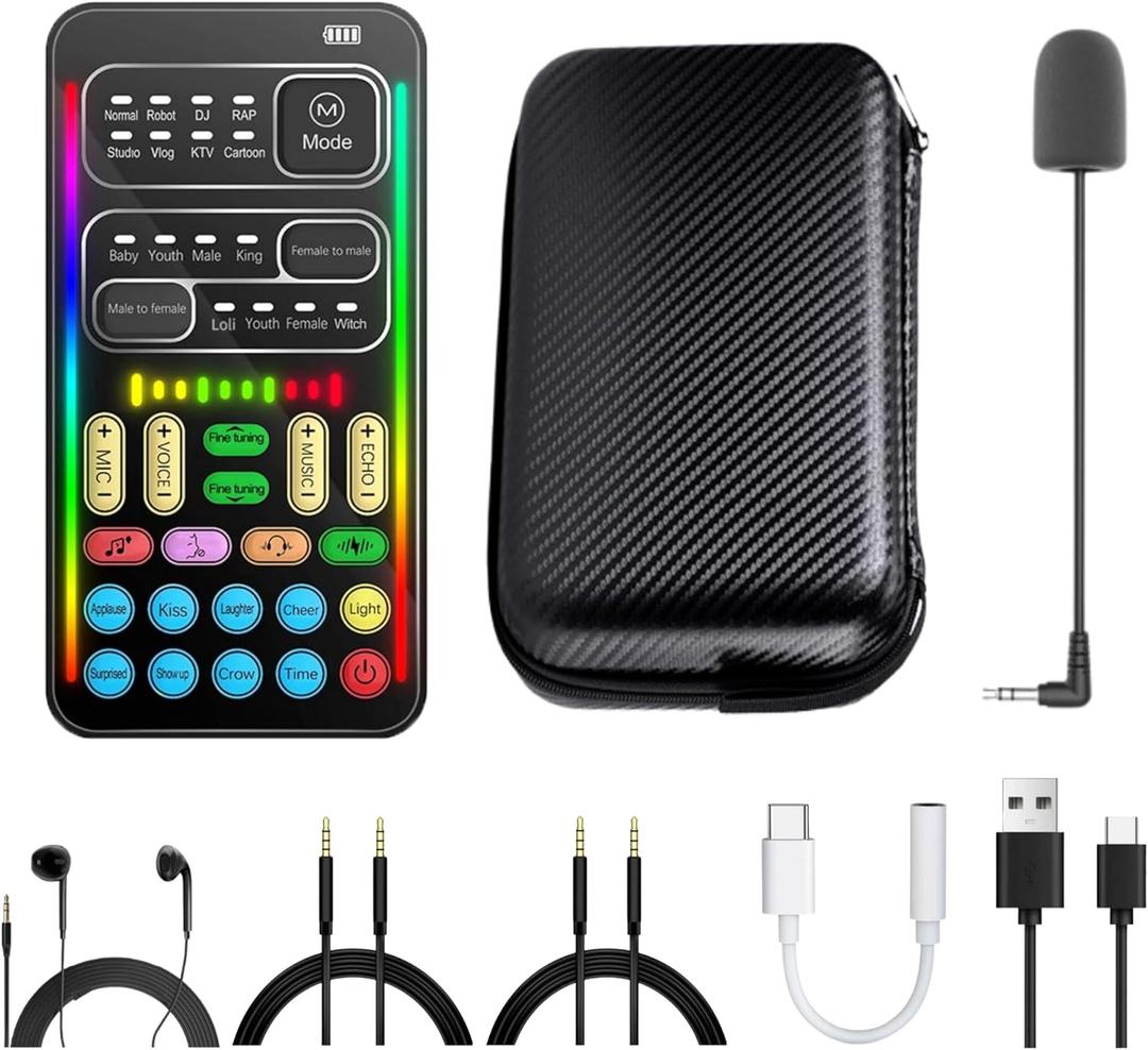 i9 Real-Time Voice Changer with Sound Card 8 Voice Effects, Full Accessories Included (Mini Mic, Monitor Earphone, 2 Adapters), Plug & Play, Compatible with PC, PS5, Xbox, Switch, Android & iOS