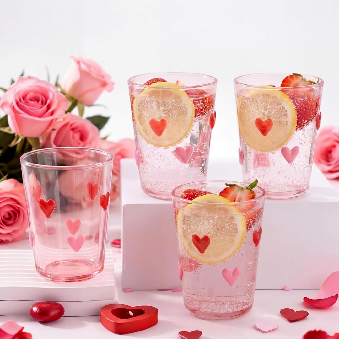 4pcs Heart Icon Juice Glasses 8.5 oz Red and Pink Heart Icon Wine Glasses Apprciation Gifts Bulk for Engagement Wedding Party Her Women Girlfriend Wife Present