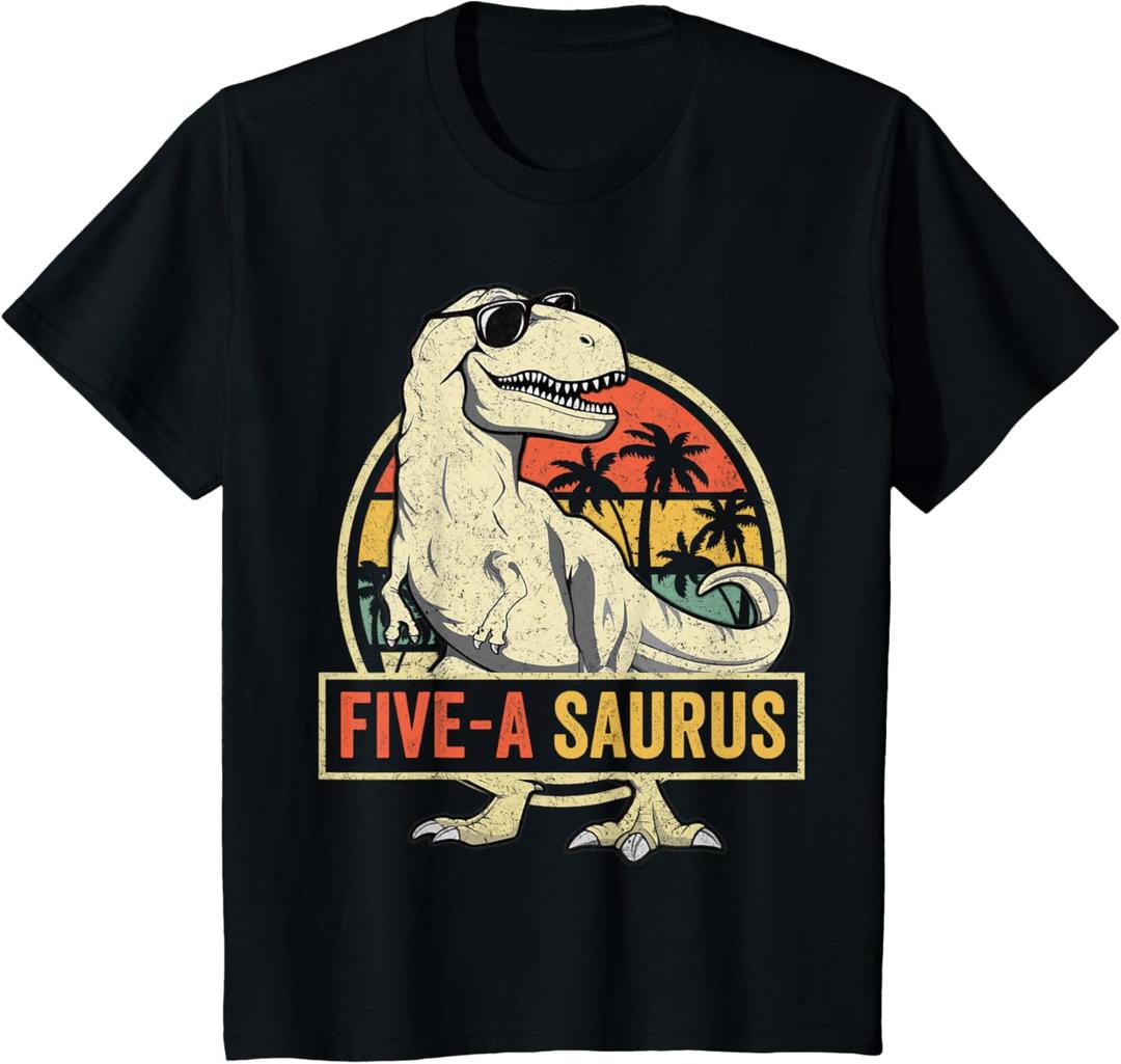 Kids 5 Year Old Dinosaur Birthday 5th T Rex Dino Five Saurus T-Shirt, Small Youth