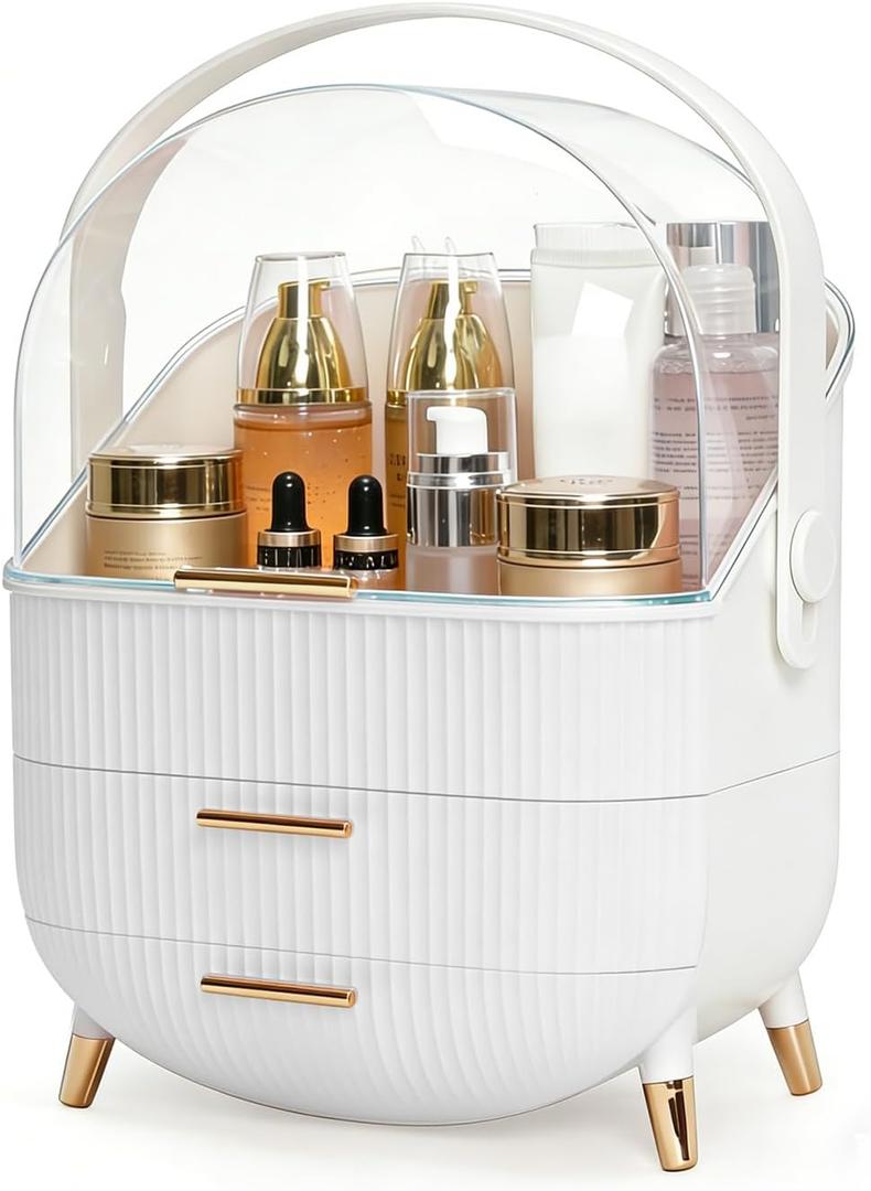 Makeup Organizer with Drawers & Lid - Portable Large Cosmetic Storage Case for Vanity Countertop, Travel, Gift for Women, Girls, 11"7"15", White