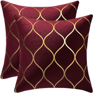 Gold Velvet Throw Pillow Covers: 2 Pack 16x16 Inch Square Decorative Pillow Cases for Bedroom Sofa Couch Living Room, Burgundy Red