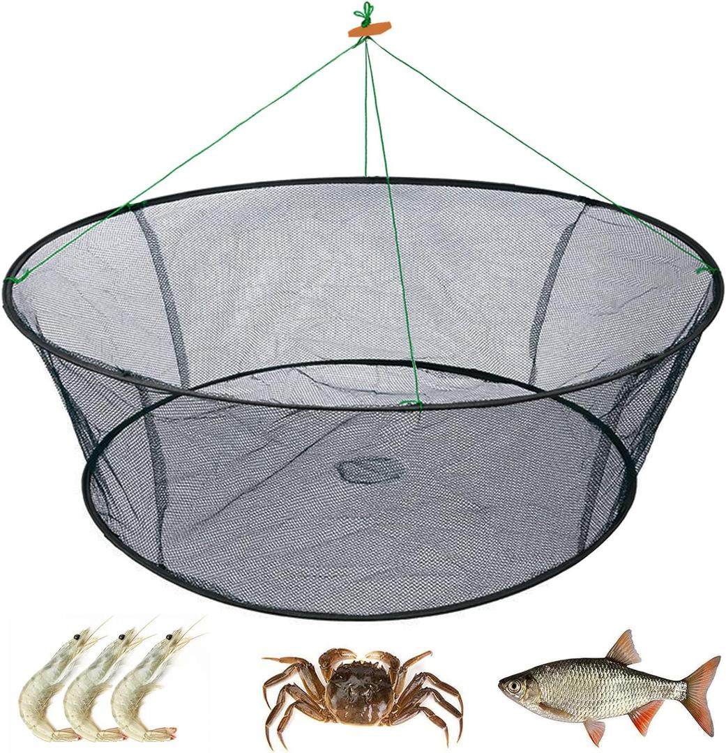 Portable Folded Fishing Net, Crab Net Fish Net with Fishing Rope, Hand Casting Cage Crab Net, Foldable Fishing Mesh Trap for, Minnows, Lobster, Crawfish, Shrimp etc. (31.5 inches (80 cm))