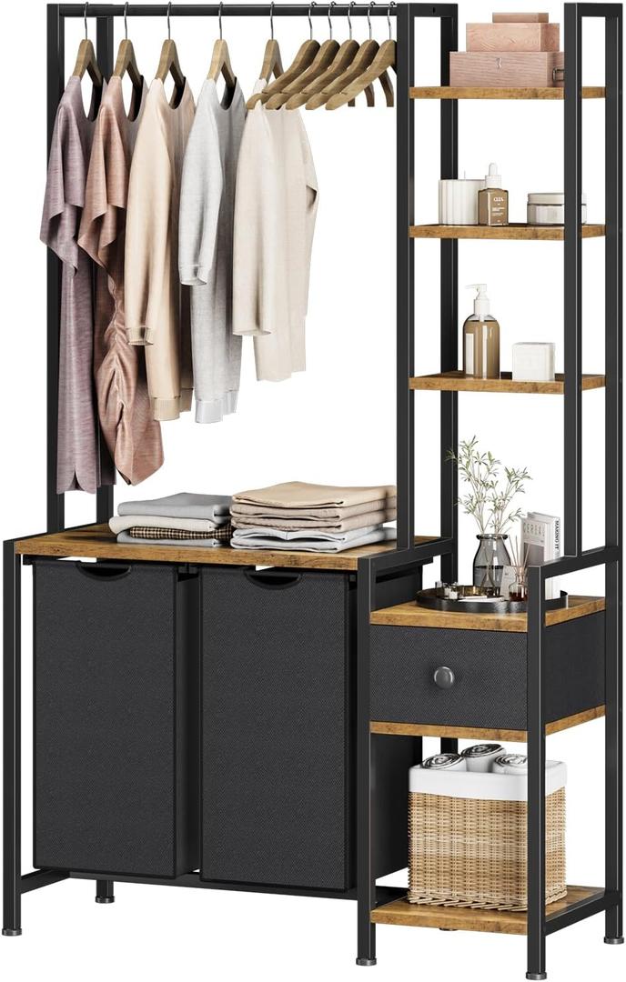 Laundry Hamper with Shelf, 5 Tiers Tall Laundry Basket Sorter with 2 Pull-Out and Removable Bags, Clothes Rack with Laundry Sorter for Laundry Room Bathroom Bedroom, Rustic Brown