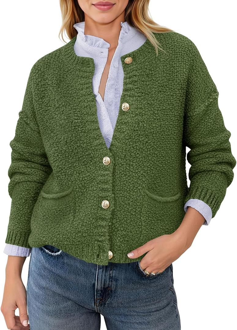 Saodimallsu Women's Chunky Knit Cardigan Button Down Crewneck Long Sleeve Cropped Sweater with Pockets (Green, XXL)