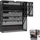 Magnetic File Holder, Magnetic File Organizer Wall Mount, 5 Tier Hanging Mail Organizer Folder Holder, Mesh Desk Accessories and Organizers, Paper Document Magazine Rack with 3 Pen Holder (Black)