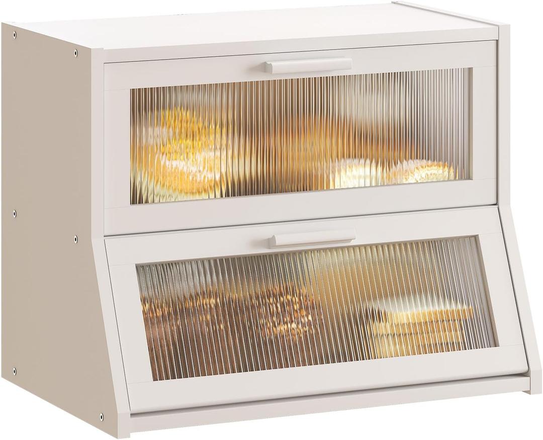 GHWIE Double Layer Bamboo Bread Box for Kitchen Counter,Large Capacity Bread Storage Bin,Bread Container with Acrylic Wavy Door Panel (White, Medium)