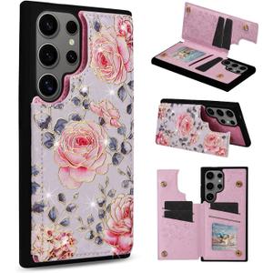 UEEBAI Wallet Case for Samsung Galaxy S25 Ultra 5G with Card Holders, PU Leather Cover Kickstand RFID Blocking Double Magnetic Clasp Rilievo Flower Flip Case for Women Girls - Purple Rose