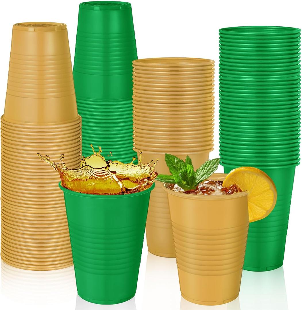 100 Pcs Green and Gold Disposable Plastic 12 oz Party Drinking Cups Green Gold Graduation Water Beverage Cups for Barbecues Picnics Festival Birthday Party Supplies