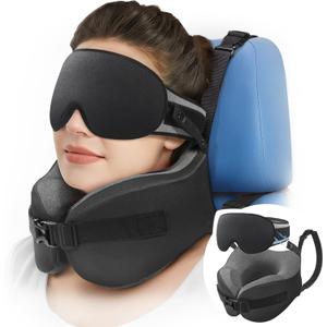 YFONG Travel Pillow for Long Flight Airplanes, Head Strap Combo with 3D Contoured Eye Mask for Sleep, Neck Pillow for Car Trip Essential, 360 Support Memory Foam Headrest, Prevent Head Bobbing, Black