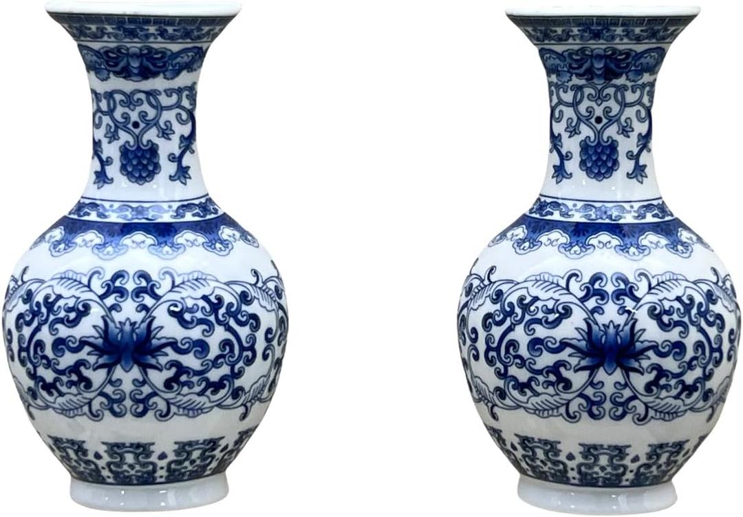 Set of Two Blue and White Porcelain Wall Vases for FlowersHandmade Chinoiserie Ceramic Wall Mounted Flower Vase, Decorative Hanging Vases for Living Room, Bookshelf & Indoor Dcor (Shape 2)