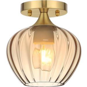 Amber Glass Ceiling Light, 7" Glass Small Semi Flush Mount Ceiling Light Fixture Modern Brushed Gold Lighting Fixtures Ceiling Lamp for Hallway Entryway Foyer Kitchen Sink Bathroom