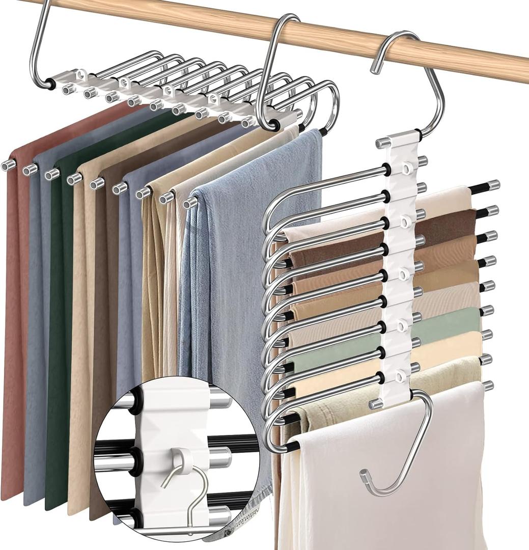 9 Layers Pants Hangers Space Saving, 2 Pack Multifunctional Pant Rack Stainless Steel Closet Organizer for Pants Jeans Leggings Trousers, Antique White