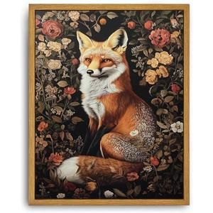 Framed Vintage Wall Art, Vintage Dark Academia Fox Paintings Wall Decor, Woodland Animal Canvas Wall Art Prints Wildlife Botanical Floral Pictures Boho Artwork for Bedroom Living Room 16x24in