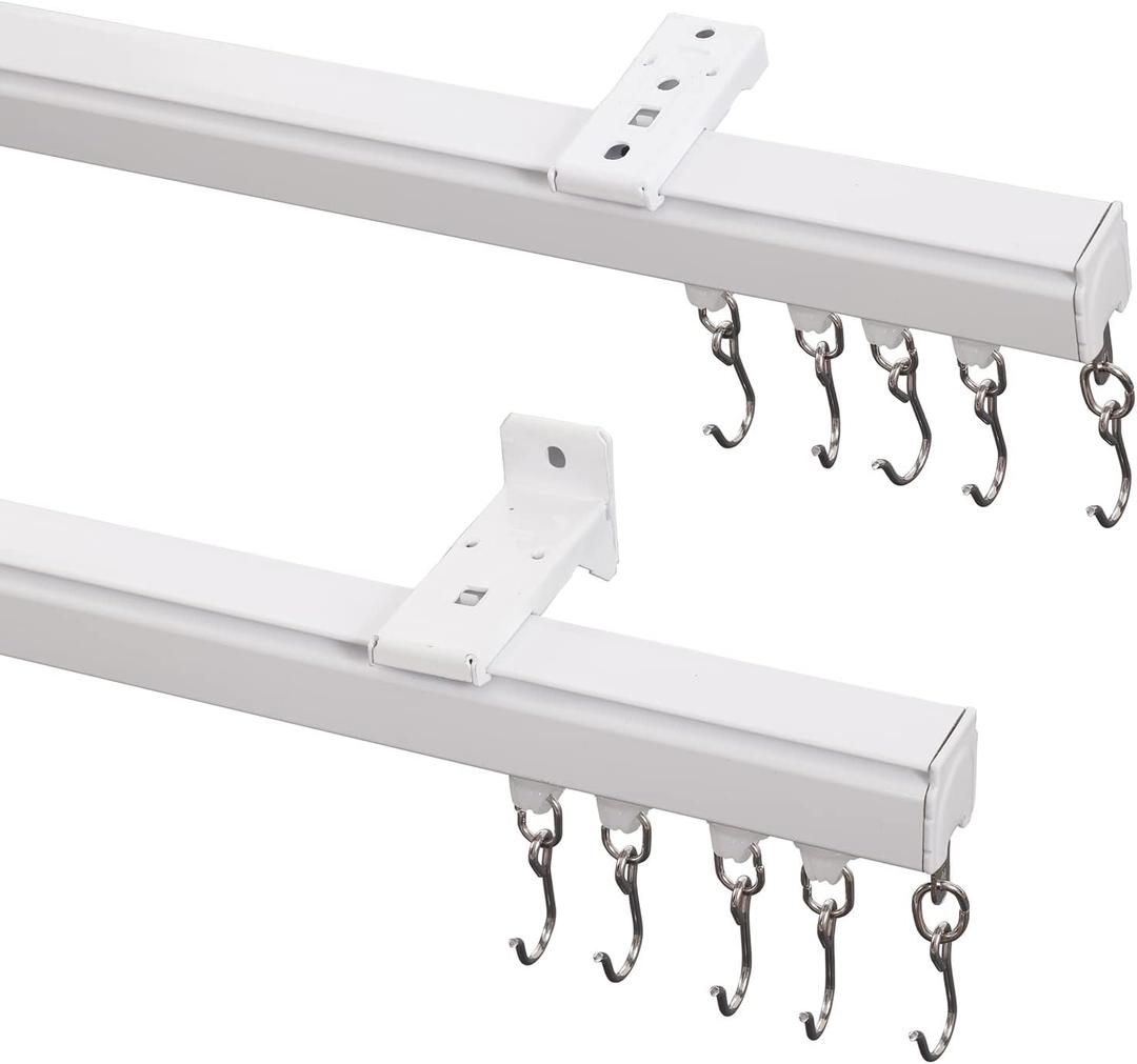 ChadMade Aluminum Ceiling Curtain Track Set with Hooks, 9ft - 12ft Adjustable Length Ceiling/Wall Mount Curtain Rail System For Grommet/Pleated Drape, Sliding Door Track, White