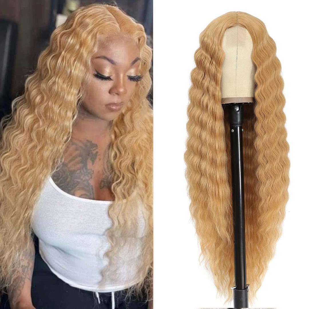 Honey Blonde Wig 30 Inch Synthetic Wig Loose Deep Wave Lace Front Curly Wigs for Women Long Wigs for Women Natural Crimps Curls (Honey Blonde)