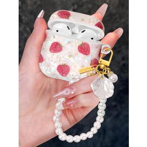 Coralogo for AirPods 2nd/1st Case with Pearl Keychain - Cute Women Glitter Shell Design Cover Girls Girly Pretty Stylish Kawaii Girlish Protective for Apple for AirPods 2/1 Case, Strawberry