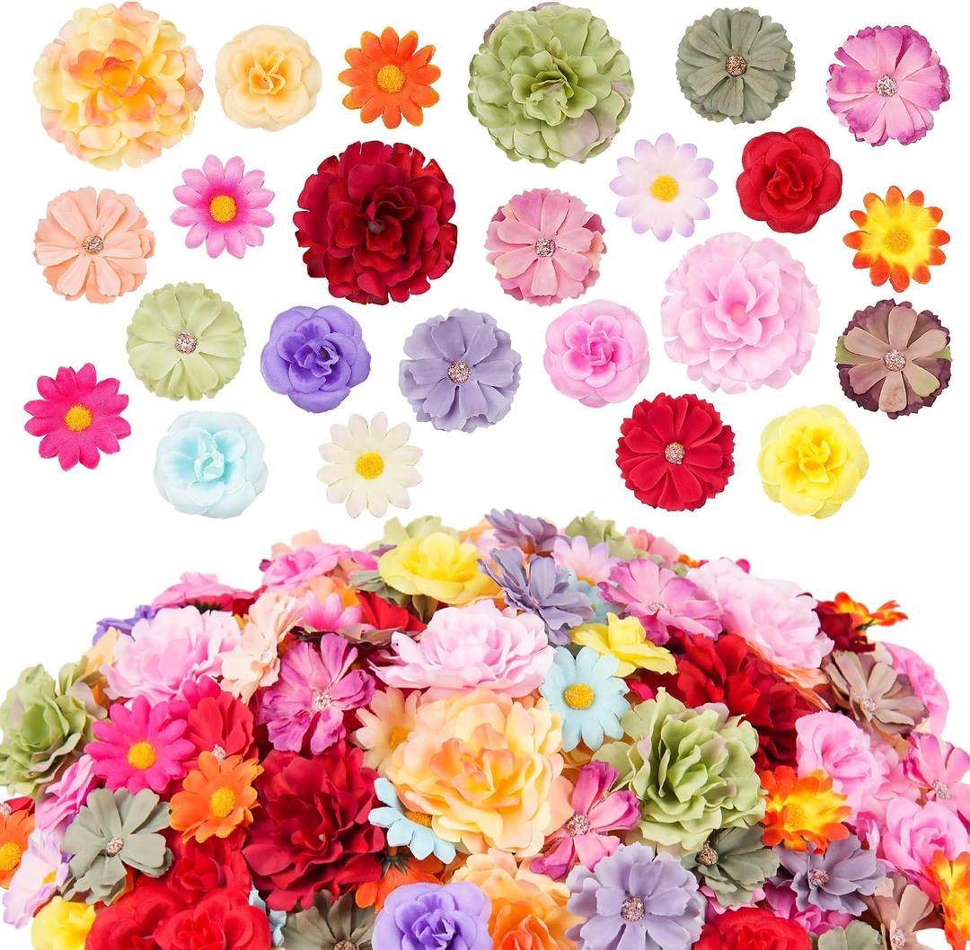 210 Pcs Mini Silk Flower Heads Small Fake Rose Daisy Faux Flowers Bulk for Crafts Artificial 3D Loose Fabric Flowers Heads Sunflower Bulk for Wedding Hair Cap Dresses Decorations (Bright Colors Mixed)