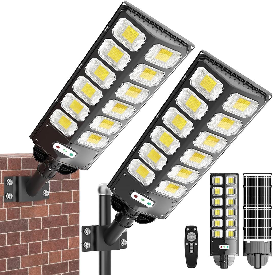 WERCHTAY Solar Street Lights Outdoor Waterproof, 15000LM 6500K Solar Flood Light Dusk to Dawn, Motion Sensor & Remote, Upgraded Metal Fixing Rod for Wind/Snow, Wall/Pole Mount (2 Pack), LARGE