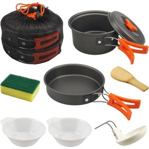 7Pcs Camping Pan Set - Backpack Cookware Pot and Pans Set, Survival Cooking Kit for Hiking, Picnic (Orange)