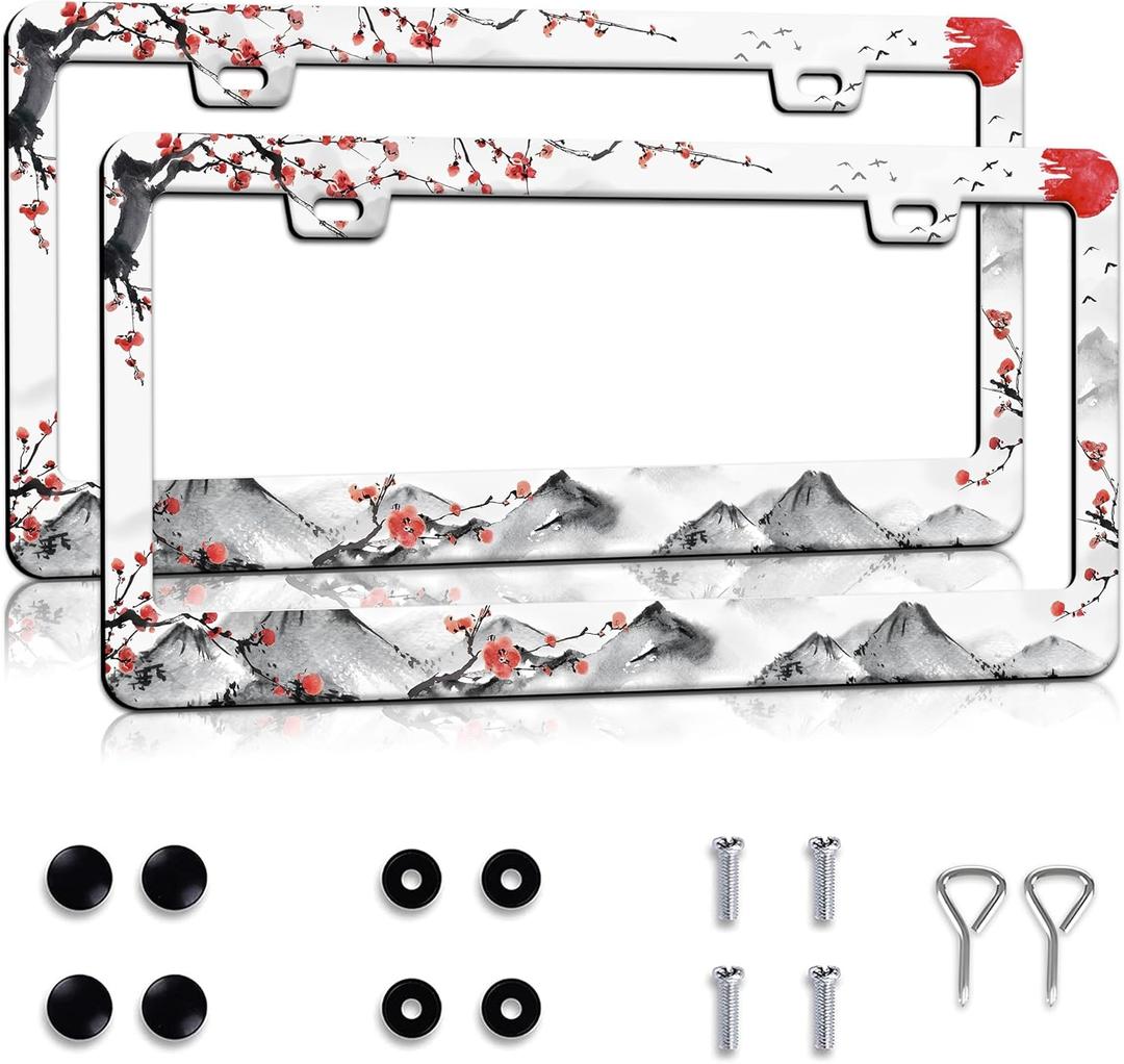 Watercolor Cherry Blossom License Plate Frames 2 Pack Sakura Flower License Plate Holder Car Decor Accessories Stainless Steel Rust-Proof Plate Cover Fits Standard US Vehicles Size 12.2 x 6.3 Inches (Black & Red)