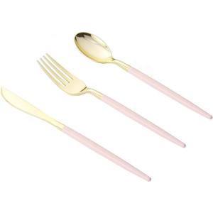 Goodluck 90 PCS Pink Gold Plastic Silverware Set for 30 Guests,30 Knives, 30 Forks and30 Spoons, Food-grade material free of BPA, Gold Plastic Cutlery Ideal for Weddings, Birthdays, Graduation