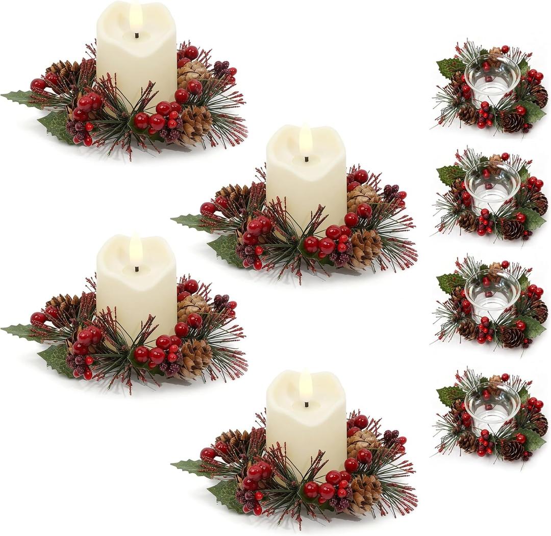4 Pcs Christmas Candle Rings with LED Candles and Cups, Mini Wreaths with Red Berry Pinecone for Cabinets Table Centerpieces Decorations,Christmas Napkin Ring (4, Red-1)