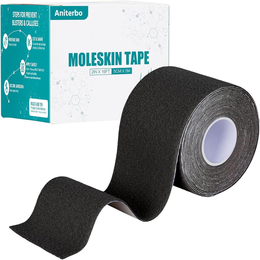 Moleskin for Blisters Adhesive Moleskin for Feet 2in x 16ft Moleskin Tape Roll for Hiking and Running Black