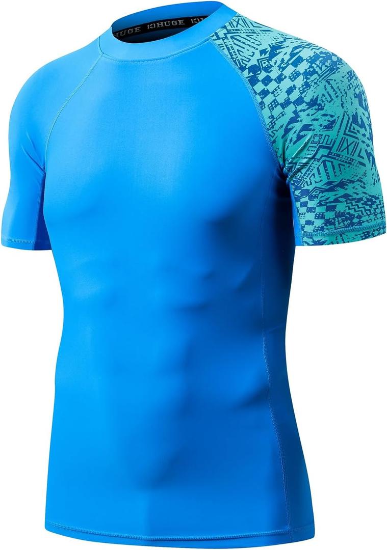 HUGE SPORTS Men's Splice UV Sun Protection UPF 50+ Skins Rash Guard Short Sleeves (Blue Digital,S)