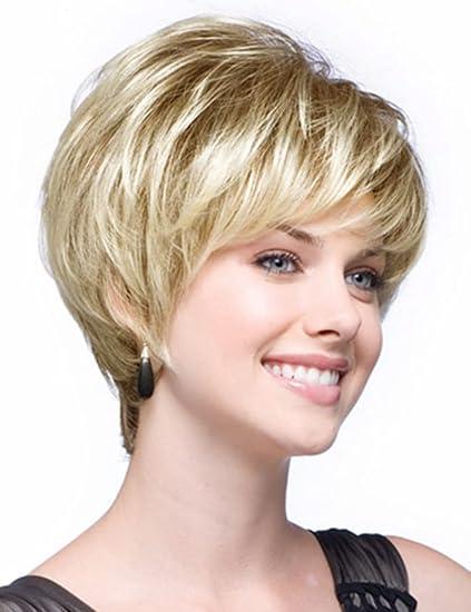 SEVENCOLORS Short Blonde Wigs for White Women Layered Mixed Blonde Pixie Cut Wigs with Bangs Synthetic Short Hair Replacement Wigs