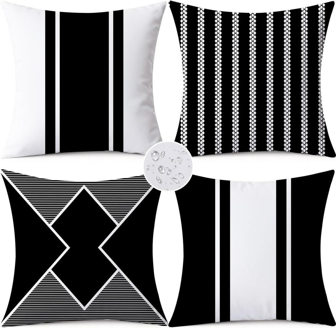 Outdoor Waterproof Throw Pillow Covers 18x18 Set of 4 Black Modern Geometry Decorative Cushion Cases for Patio Furniture Garden Porch Bench Couch Sunbrella