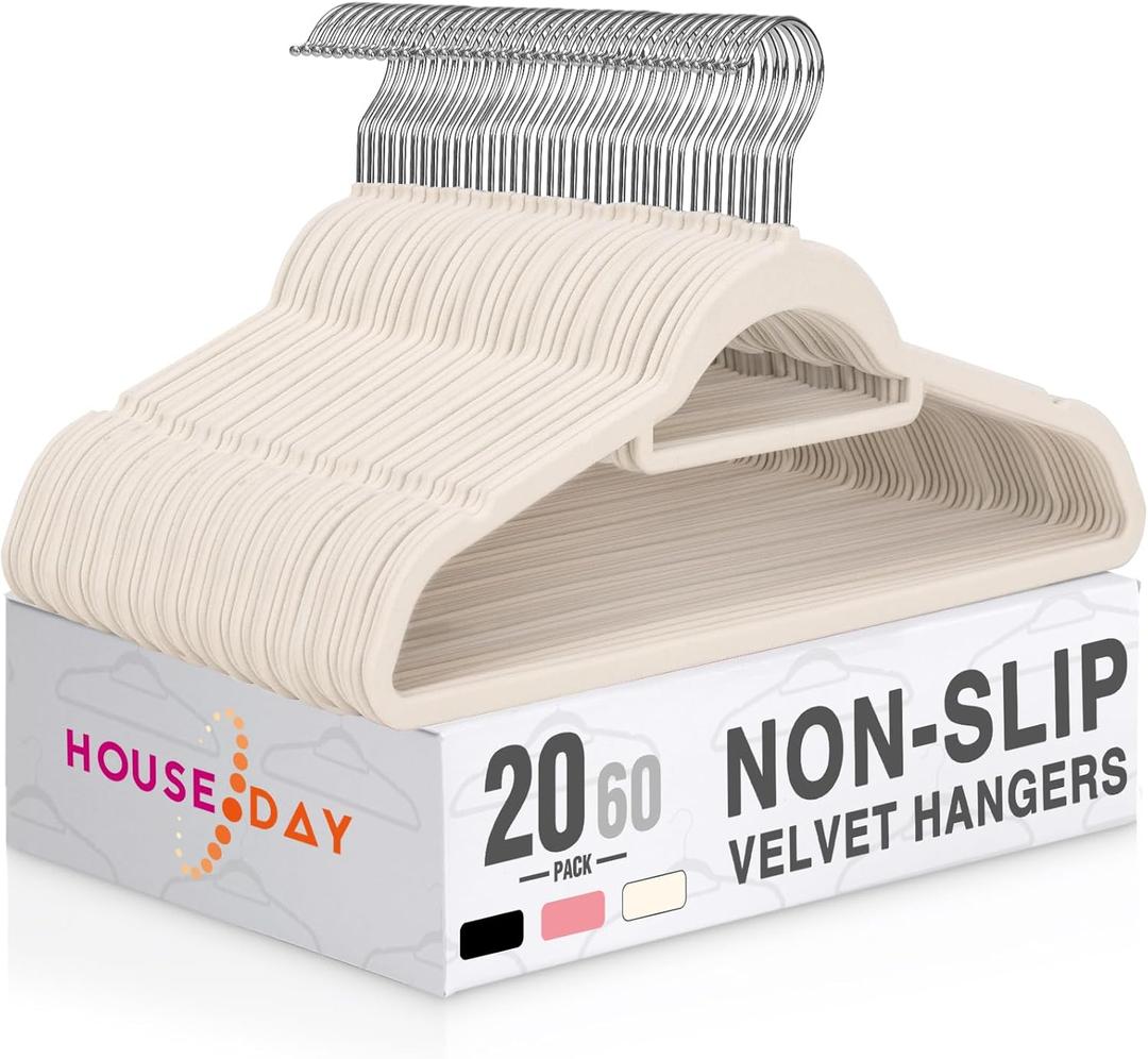 HOUSE DAY Velvet Hangers with Tie Bar 20 Pack Ivory, Clothes Hanger Non-Slip, Space Saving Felt Hangers for Pants, Coat, Suits, Shirt, Scarf, No Hanger Marks