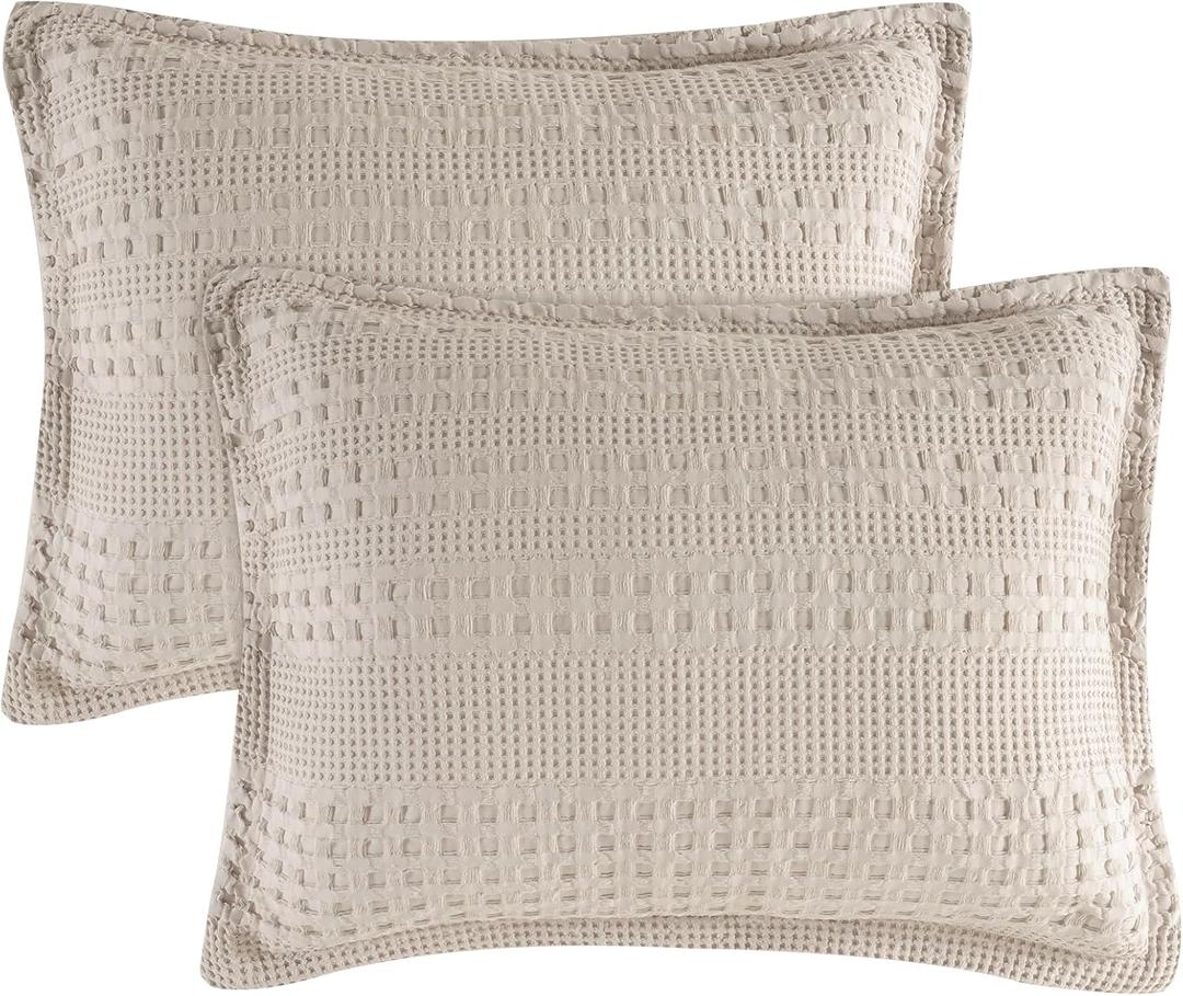 PHF 100% Cotton Ruffle Waffle Pillow Shams King Size, 2 Pack 20" x 36" Soft Skin-Friendly Pillowcases, No Filling, Aesthetic Home Decor, Breathable Waffle Weave Bed Pillow Covers, Oatmeal