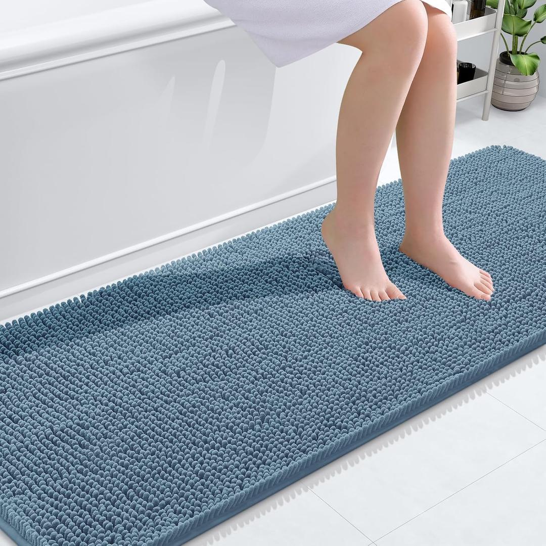OLANLY Bathroom Runner Rugs 70x24, Soft Absorbent Chenille Bath Rugs, Rubber Backing Quick Dry, Machine Washable Long Bath Mats for Bathroom Floor, Tub and Shower, Home Decor Accessories, Airy Blue