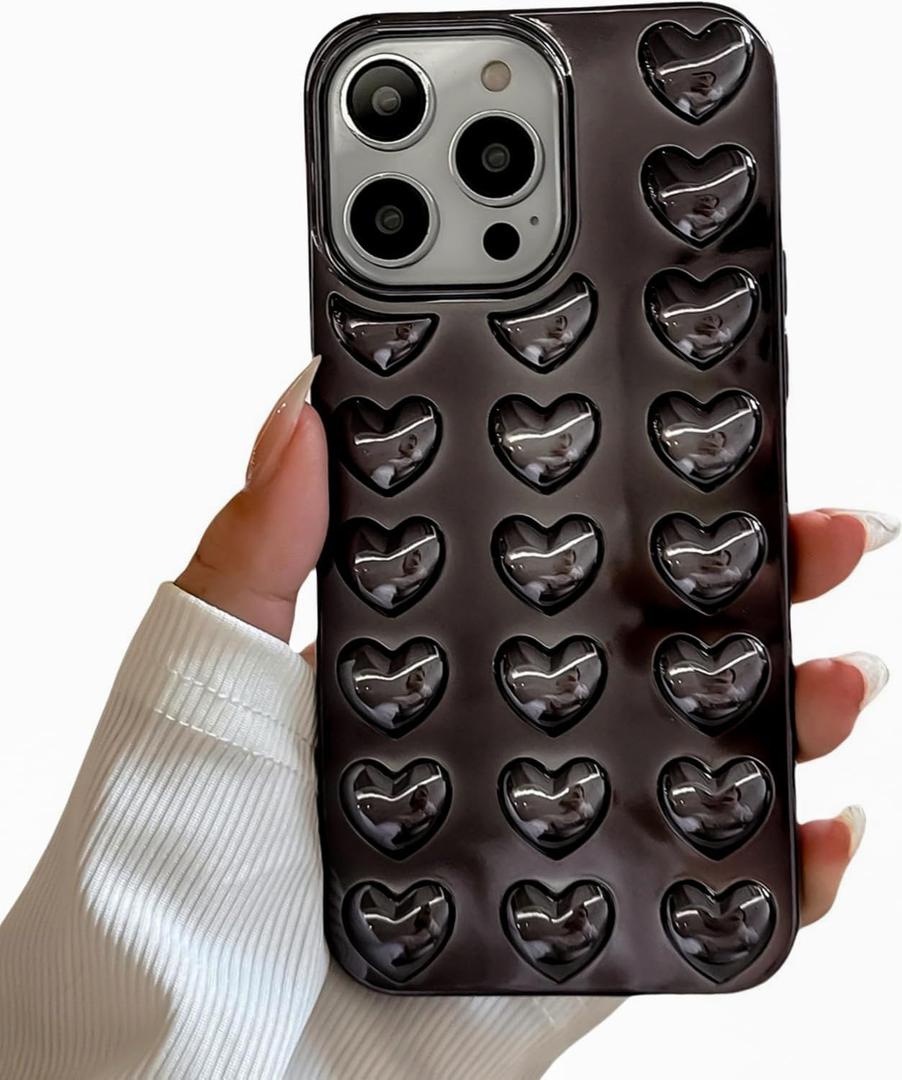 for iPhone 15 Pro Case, [Premium Chrome Heart Black][Shiny Electroplated 3D Heart][Stylish Creative Case] Soft TPU Drop and Shock Resistant for Women and Girls 6.1
