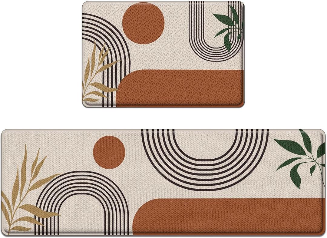 Nesphy Anti-Fatigue Boho Kitchen Rug Set of 2 Cushioned Bohemian Mat for Floor, Abstract Brown Sun Standing Waterproof Non-Slip Mat PVC Ergonomic Foam Kitchen Decor