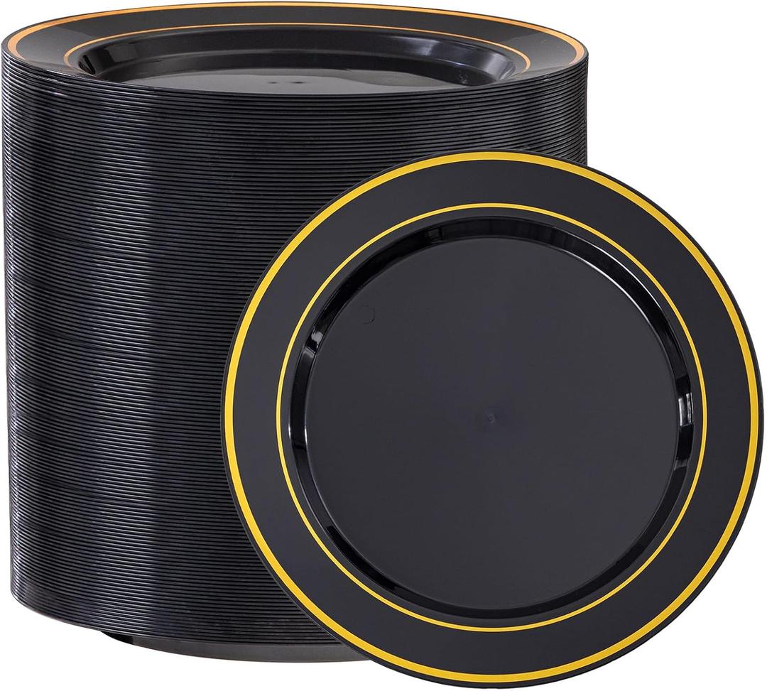 100Pcs Black Plastic Dessert Plates, Disposable Salad Plate with Gold Rim, Premium Hard Fancy Small Plates, Heavy Duty Plastic Cakes Plates for Party, Wedding and Birthday,  Black and Gold