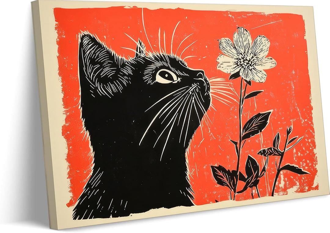 Framed Vintage Black Cat Canvas Wall Art Cat Wall Decor Pictures black cat curiously sniffing a delicate flower Posters Prints for Living Room Dining Room Bedroom Bathroom Home decoration 16x24in