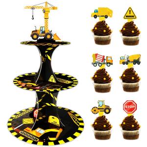 Construction Birthday Cupcake Stand with 24pcs Cupcake Toppers for Construction Themed Zone Party Decorations 3 Tire Dump Truck Car Cupcake Dessert Holder for Construction Baby Shower Party Supplies