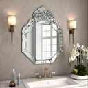 KOHROS Venetian Mirror with Top Crown Arch Floral Etched 32 x 24 Inch Octagonal Bathroom Mirror for Over Sink Frameless Beveled Edge Wall Mirror for Bathroom Vanity Entryway Bedroom (Silver)
