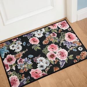 Floral Washable Entryway Rug 2x3 - Non-Slip Soft Low Pile Small Area Rug Kitchen Mat Entrance Rug Indoor Door Mat Throw Carpet for Bedroom Laundry Living Room, Black
