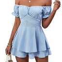 LYANER Women's Summer Off The Shoulder Wrap Tie Back Short Sleeve Ruffle Romper Dress Short Jumpsuit Light Blue M/L