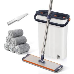 Mop and Bucket Set with Wringer for Home, 360 Flat Squeeze Mop with Long Handle and 6 Microfiber Cloths for Floor Cleaning (White+Blue, Slim Bucket and 15.7'' Aluminum Alloy Mop Head)
