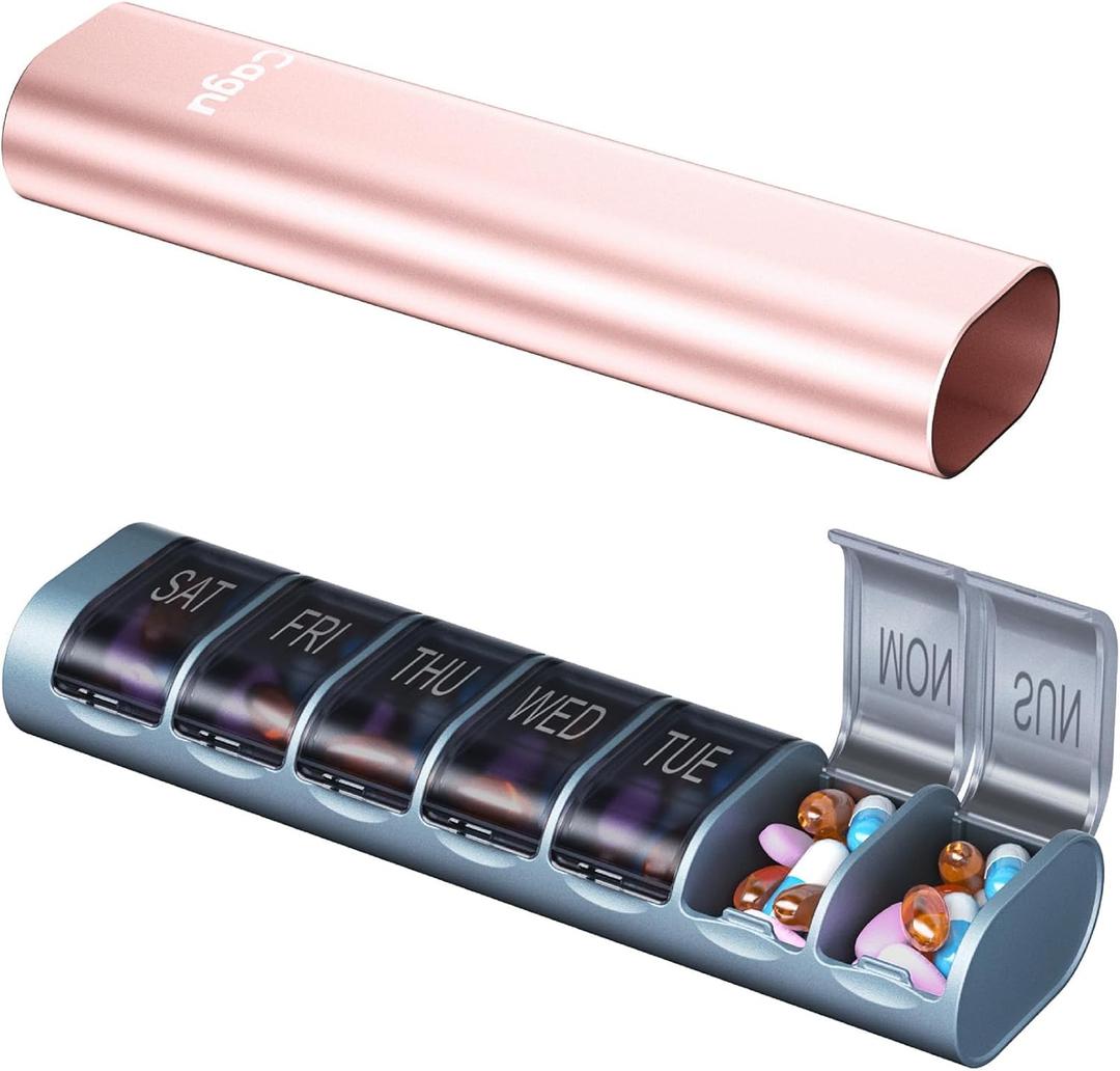 Weekly Pill Organizer, 7-Day Aluminum Case with Pop-up Design,Arthritis Friendly, Large Capacity for Vitamins Supplements and Medication, BPA Free (Rose Gold)