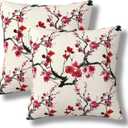 Cherry Blossom Throw Pillow Covers 18x18 Set of 2 Watercolor Floral Decorative Pillow Cover Flowers Outdoors Square Pillowcase Cushion Case Home Decor for Sofa Couch Bed (Beige)