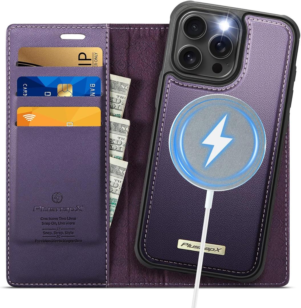 Wallet Case for iPhone 13 Pro Compatible with Magsafe, 2-in-1 PU Leather Flip RFID Blocking Card Holder Stand Shockproof Magnetic Detachable Cover for iPhone 13 Pro Case 6.1", Fashion Purple