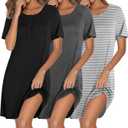Ekouaer 3 Pack Nightgowns for Women Short Sleeve Sleepshirt Button Down Nightshirt Soft Pajamas Dress Casual Sleepwear (Medium)