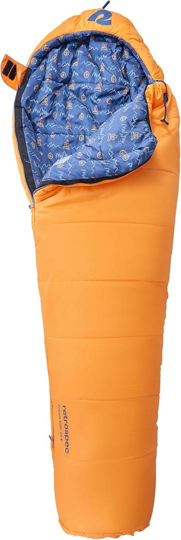 Retrospec Dream 25 Kids Sleeping Bag for Camping - Mummy Style, Water-Resistant, Lightweight 3lbs 3oz, Adjustable Length, Draft Collar, 25F Rating, Day Dreamer
