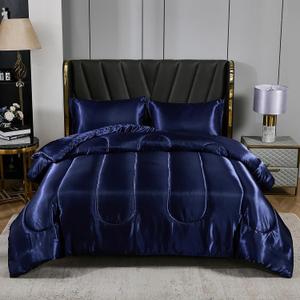 Satin Comforter Set King Silk Like Silky Bedding Set Luxury Hotel Silky Bed Home Deocr Navy Blue Soft Down Comforter Silky Quilt Set