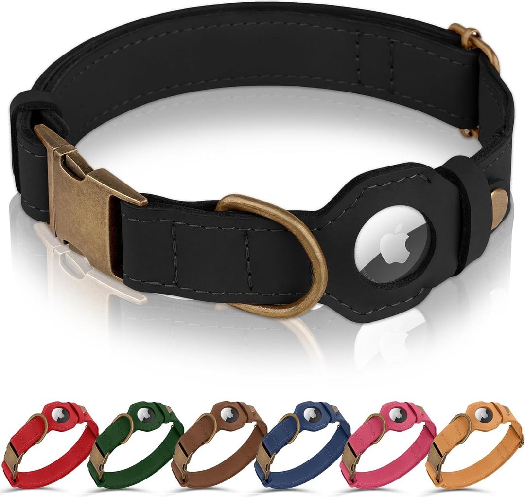 BUDKAS AirTag Dog Collar - Genuine Leather Dog Collar with Apple AirTag Holder and Metal Buckle - Smart GPS Tracking Pet Collars (Black, L, 17"-21" Neck Fit)